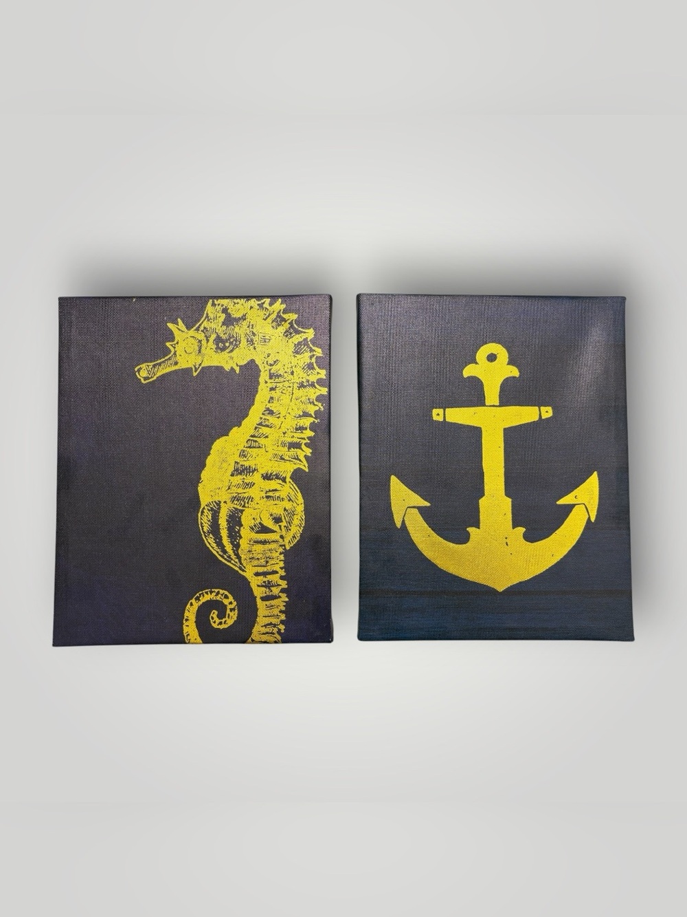 Nautical Seahorse & Anchor Canvas Duo in Yellow on Navy